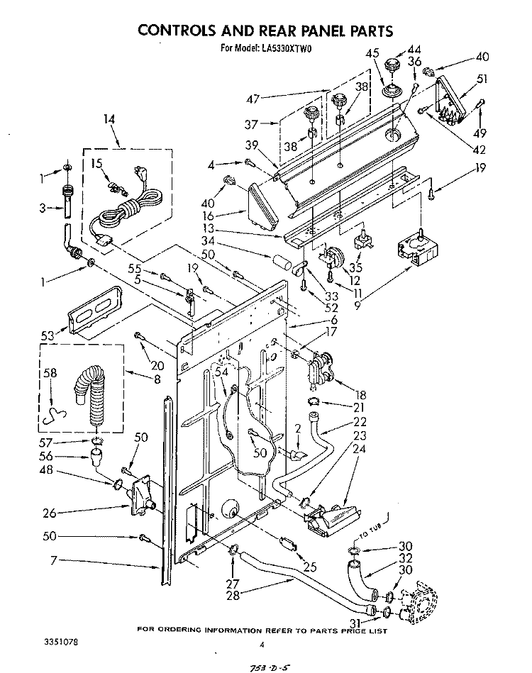 CONTROLS AND REAR PANEL Diagram and Parts List for LA5330XTM0  Whirlpool Washer