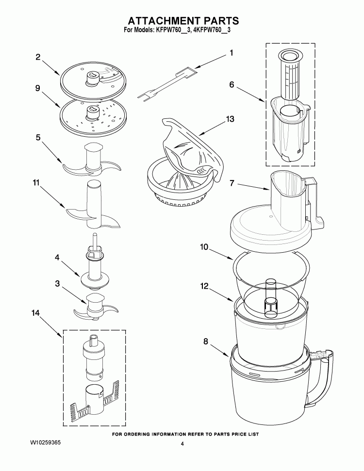 ATTACHMENT PARTS Diagram and Parts List for 4KFPW760WH3  KitchenAid Food Processor