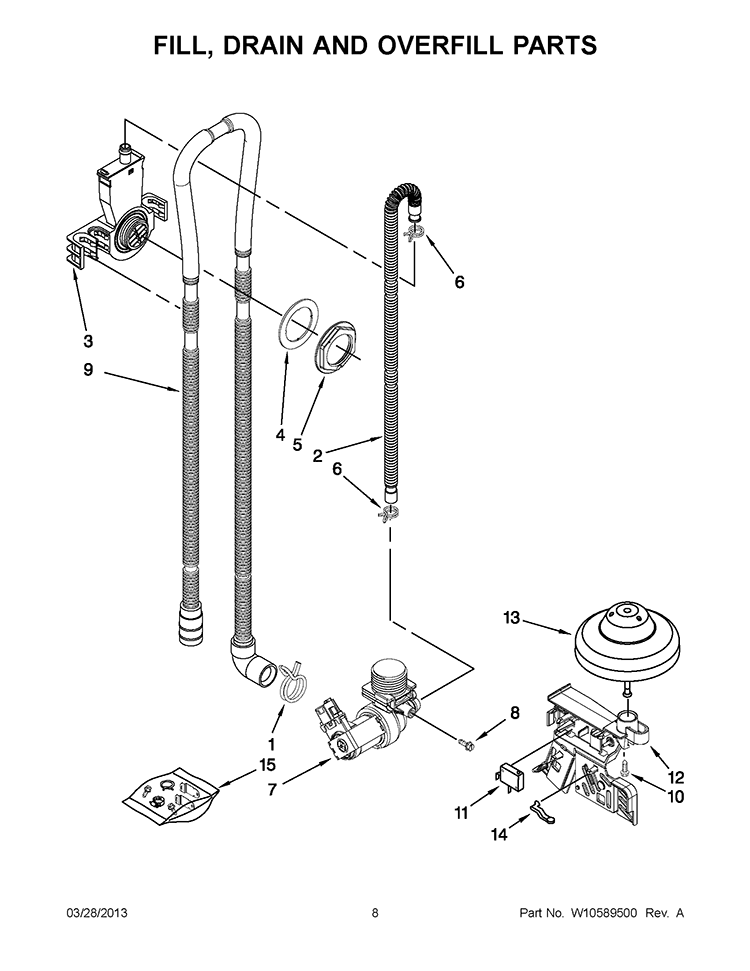 FILL, DRAIN AND OVERFILL PARTS Diagram and Parts List for IUD6100BB0  Whirlpool Dishwasher