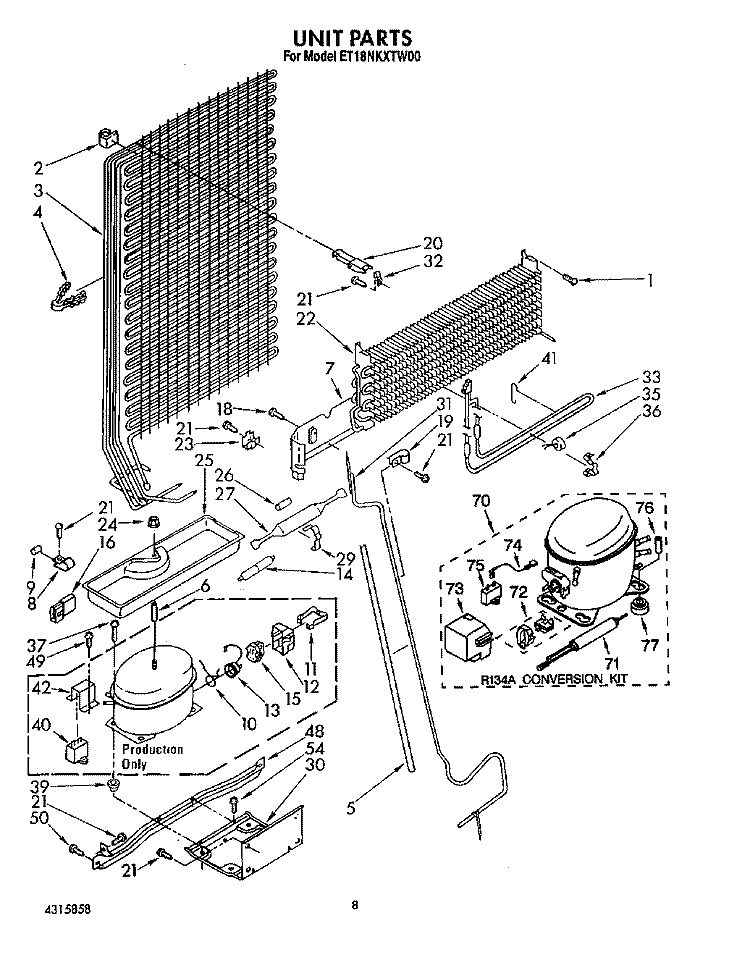 UNIT Diagram and Parts List for ET18NKXTG00  Whirlpool Refrigerator