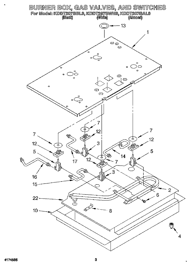 BURNER BOX, GAS VALVES, AND SWITCHES Diagram and Parts List for KDDT207BAL9  KitchenAid Range