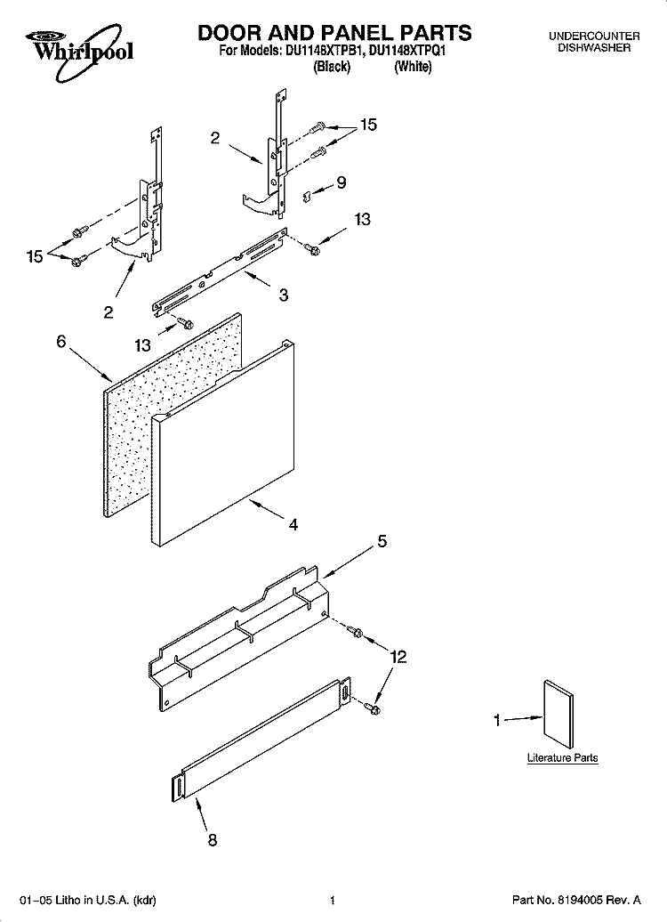 DOOR AND PANEL PARTS Diagram and Parts List for DU1148XTPQ1  Whirlpool Dishwasher