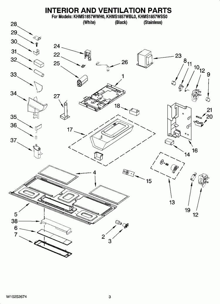 INTERIOR AND VENTILATION PARTS Diagram and Parts List for KHMS1857WBL0  KitchenAid Microwave
