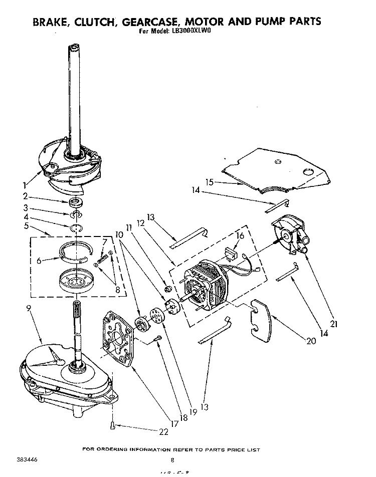 BRAKE, CLUTCH, GEARCASE, MOTOR AND PUMP Diagram and Parts List for LB3000XLW0  Whirlpool Washer