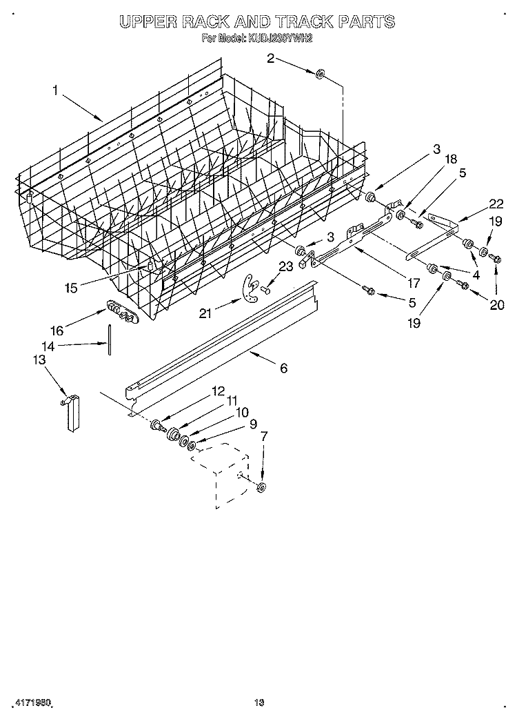 UPPER RACK AND TRACK Diagram and Parts List for KUDJ230YWH2  KitchenAid Dishwasher