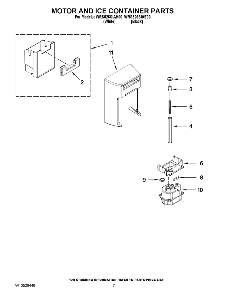 MOTOR AND ICE CONTAINER PARTS Diagram and Parts List for WRS526SIAH00  Whirlpool Refrigerator
