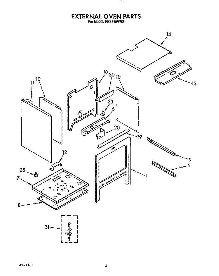 EXTERNAL OVEN Diagram and Parts List for FGS385VL2  Whirlpool Range