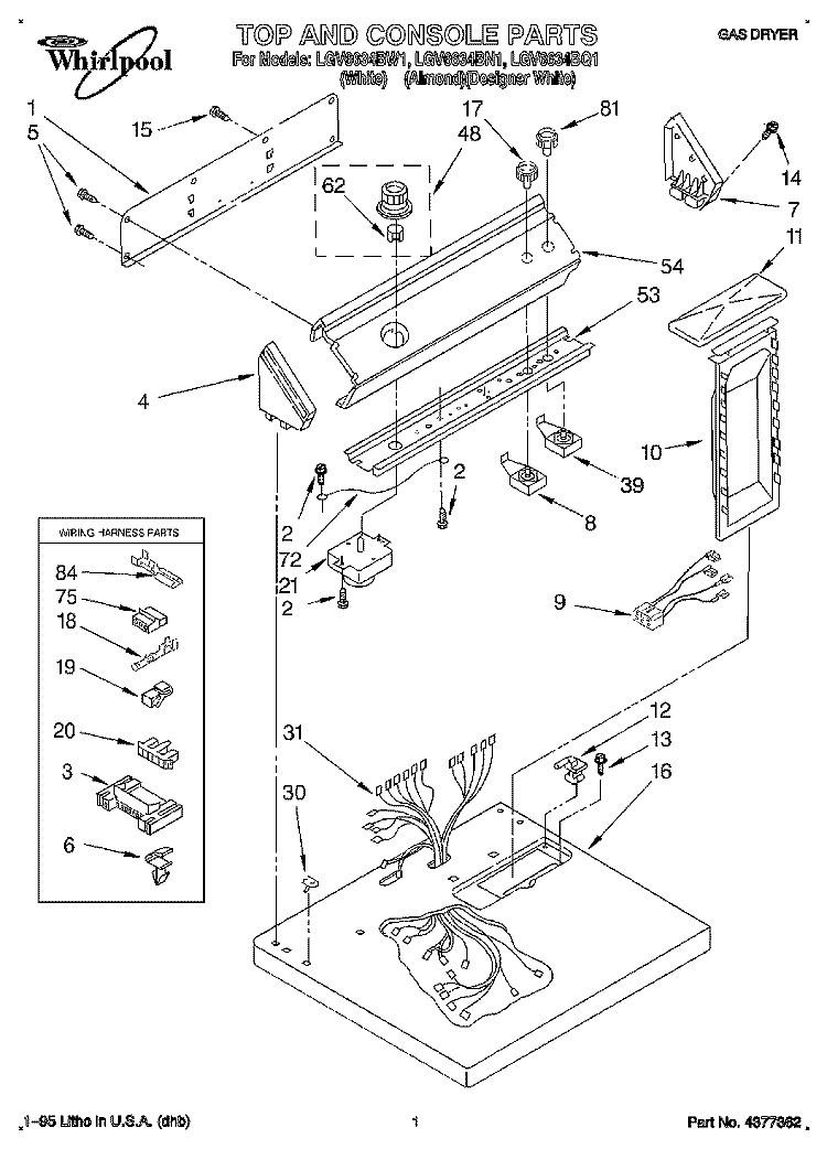 TOP AND CONSOLE, LIT/OPTIONAL Diagram and Parts List for LGV6634BQ1  Whirlpool Dryer
