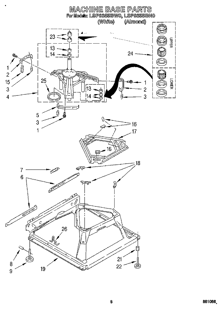 MACHINE BASE Diagram and Parts List for LSP9355BW0  Whirlpool Washer