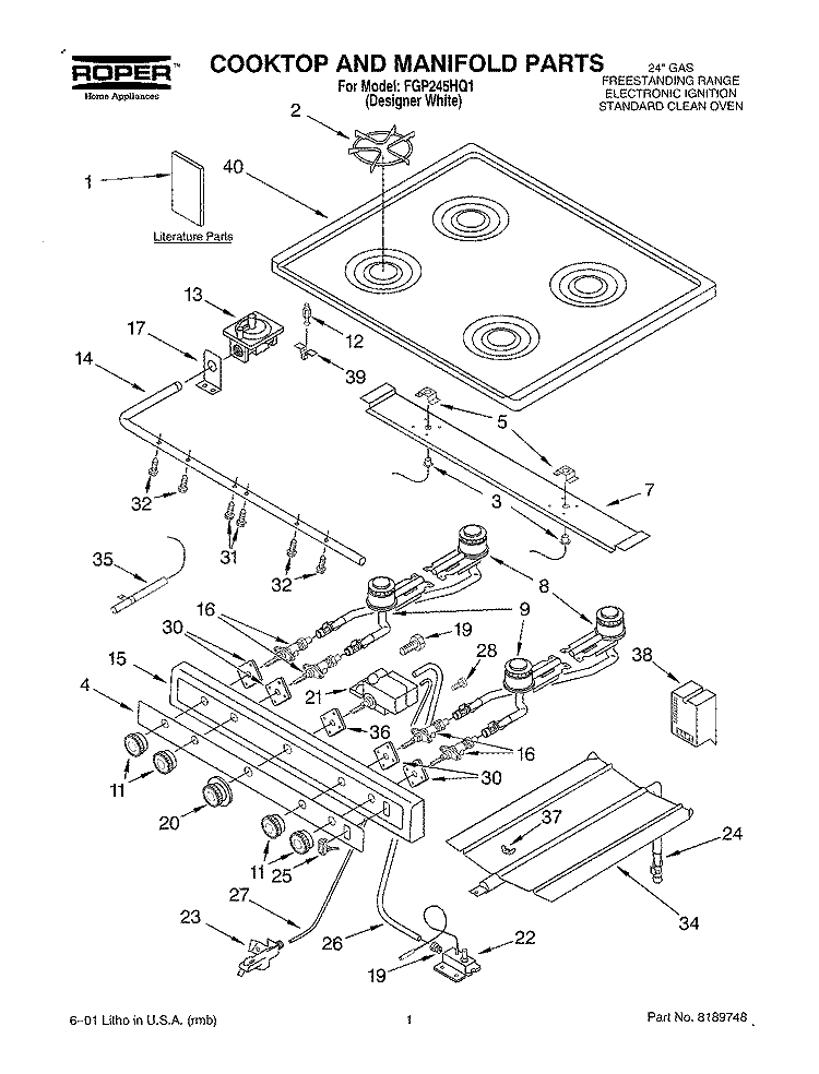 COOKTOP AND MANIFOLD, LITERATURE Diagram and Parts List for FGP245HQ1  Roper Range