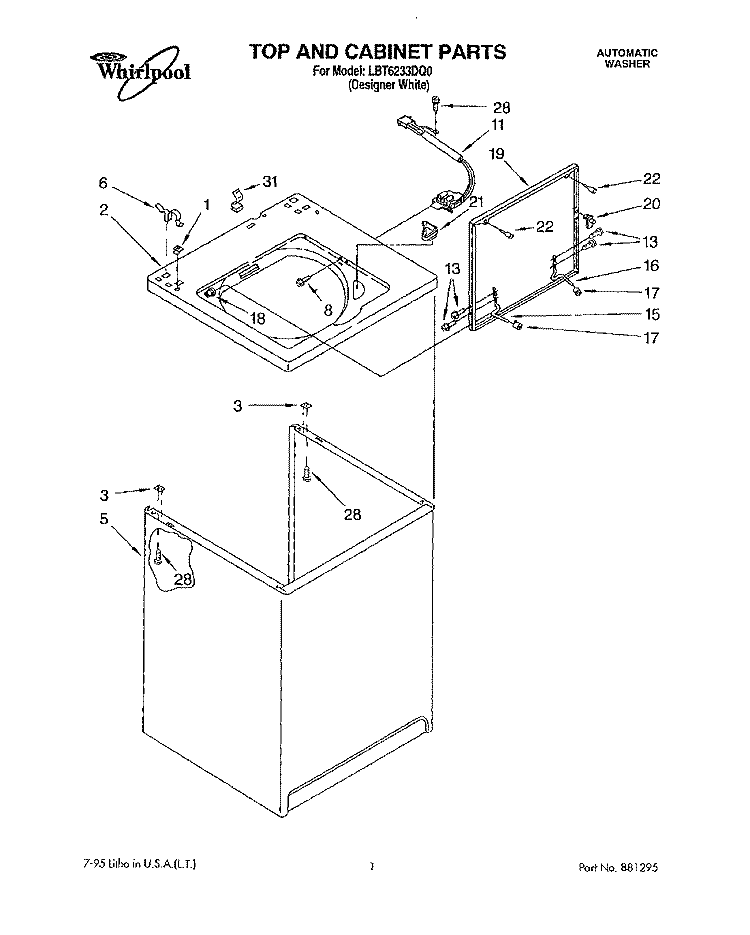 TOP AND CABINET, LIT/OPTIONAL Diagram and Parts List for LBT6233DQ0  Whirlpool Washer