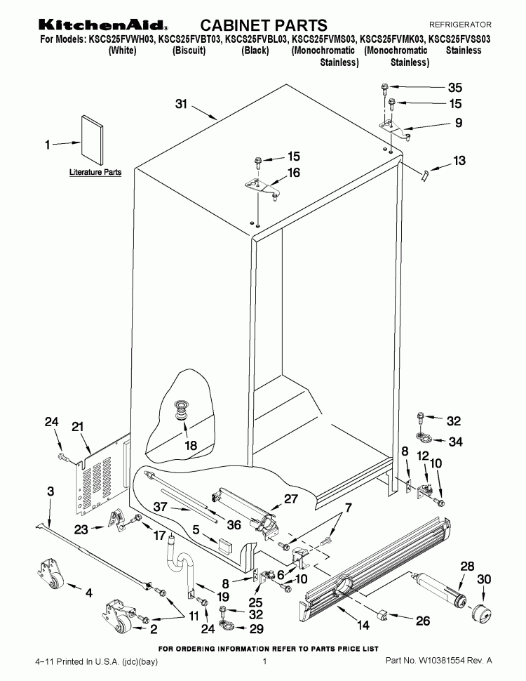 CABINET PARTS Diagram and Parts List for KSCS25FVBL03  KitchenAid Refrigerator