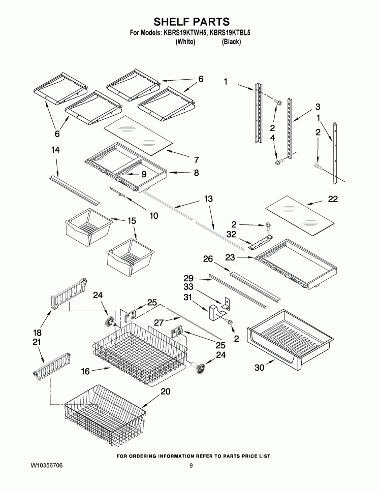 SHELF PARTS Diagram and Parts List for KBRS19KTBL5  KitchenAid Refrigerator