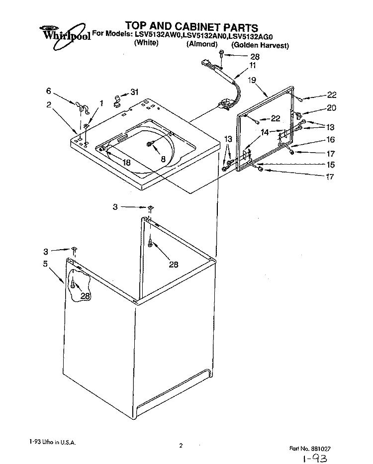 TOP AND CABINET, LIT/OPTIONAL Diagram and Parts List for LSV5132AN0  Whirlpool Washer