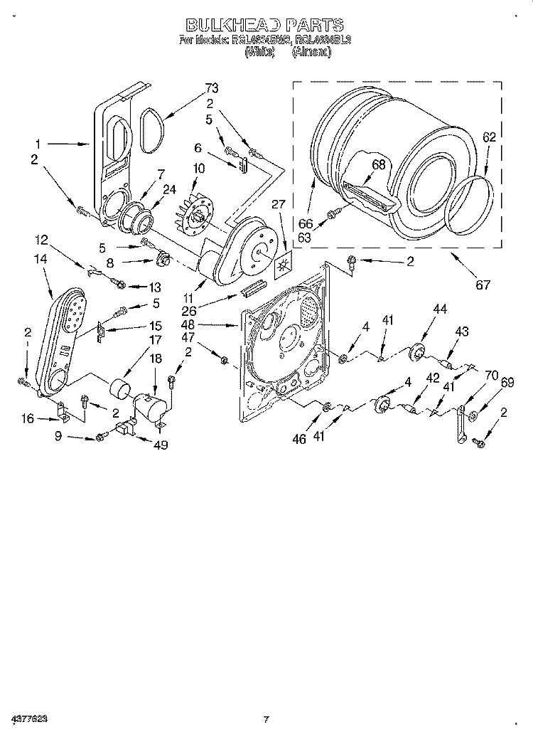 BULKHEAD Diagram and Parts List for RGL4634BW3  Roper Dryer