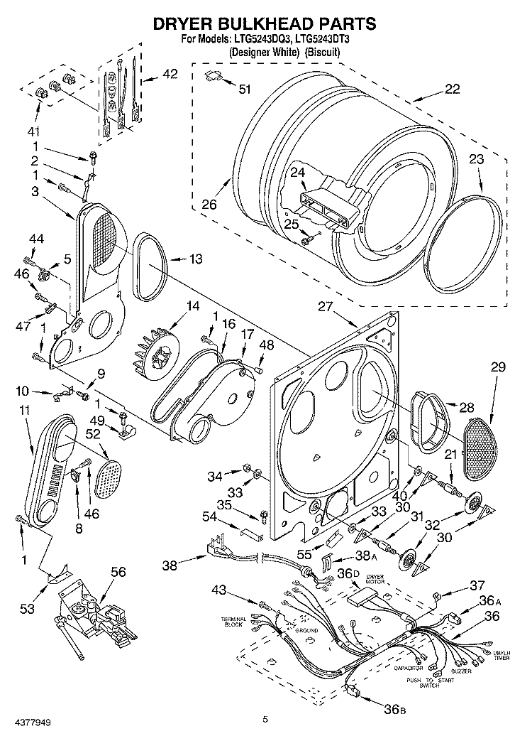 DRYER BULKHEAD Diagram and Parts List for LTG5243DT3  Whirlpool Washer Dryer Combo