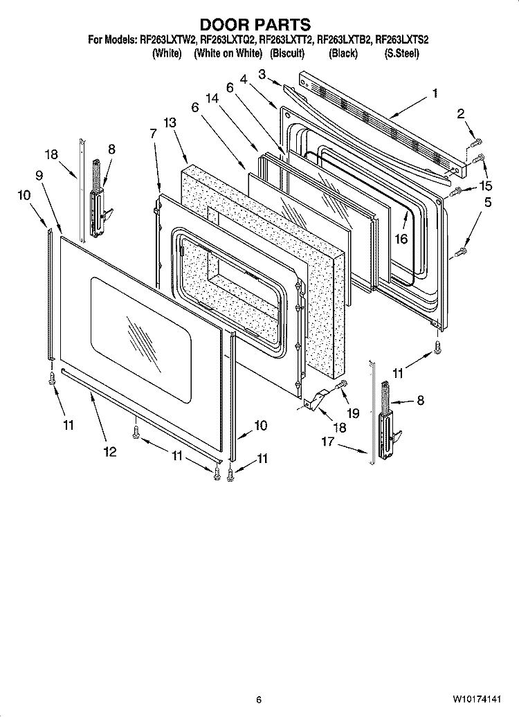 DOOR PARTS, OPTIONAL PARTS (NOT INCLUDED) Diagram and Parts List for RF263LXTQ2  Whirlpool Range