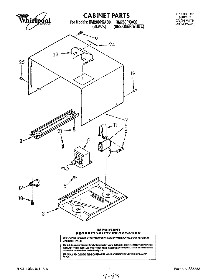 CABINET Diagram and Parts List for RM280PXAQ0  Whirlpool Wall Oven