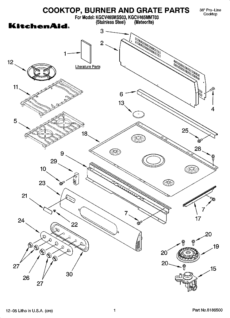 COOKTOP, BURNER AND GRATE PARTS Diagram and Parts List for KGCV465MMT03  KitchenAid Cooktop