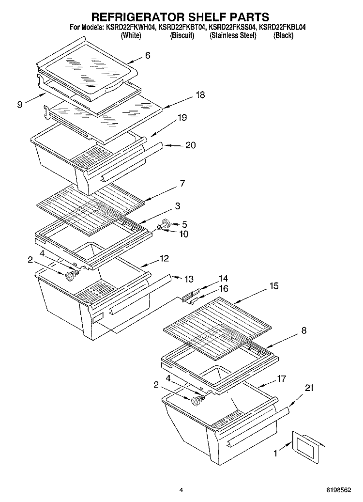 REFRIGERATOR SHELF PARTS Diagram and Parts List for KSRD22FKBL04  KitchenAid Refrigerator