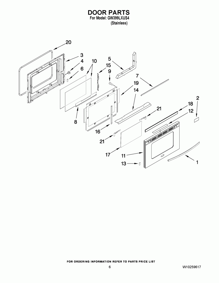 DOOR PARTS Diagram and Parts List for GW399LXUS4  Whirlpool Range