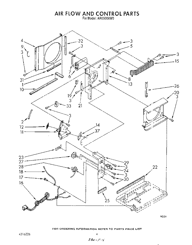 AIR FLOW AND CONTROL Diagram and Parts List for AR0500XW0  Whirlpool Air Conditioner
