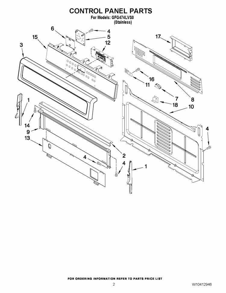 CONTROL PANEL PARTS Diagram and Parts List for GFG474LVS0  Whirlpool Range