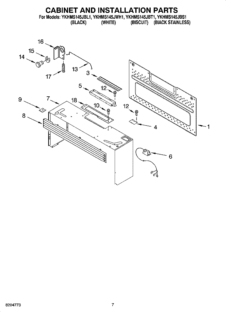 CABINET AND INSTALLATION PARTS Diagram and Parts List for YKHMS145JBT1  KitchenAid Microwave