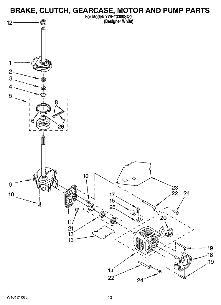 BRAKE, CLUTCH, GEARCASE, MOTOR AND PUMP PARTS Diagram and Parts List for YWET3300SQ0  Whirlpool Washer Dryer Combo