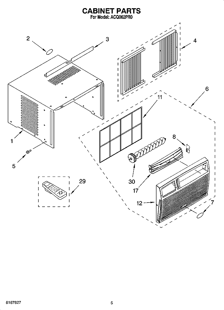 CABINET PARTS Diagram and Parts List for ACQ062PR0  Whirlpool Air Conditioner