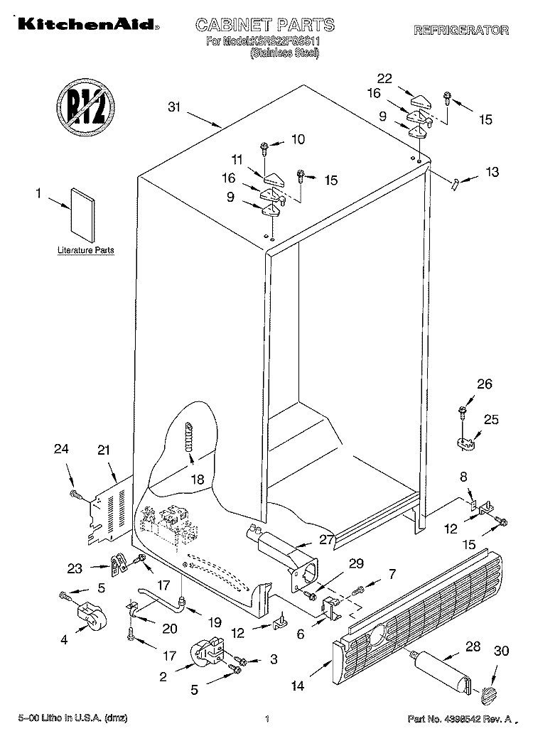 CABINET, LITERATURE Diagram and Parts List for KSRS22FGSS11  KitchenAid Refrigerator