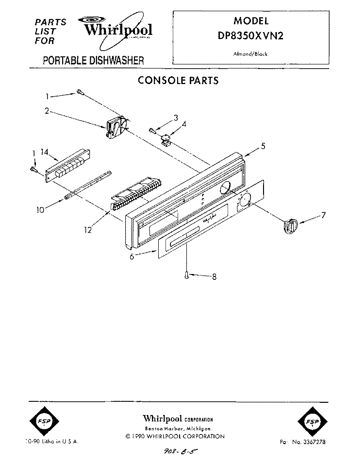 CONSOLE Diagram and Parts List for DP8350XVN2  Whirlpool Dishwasher