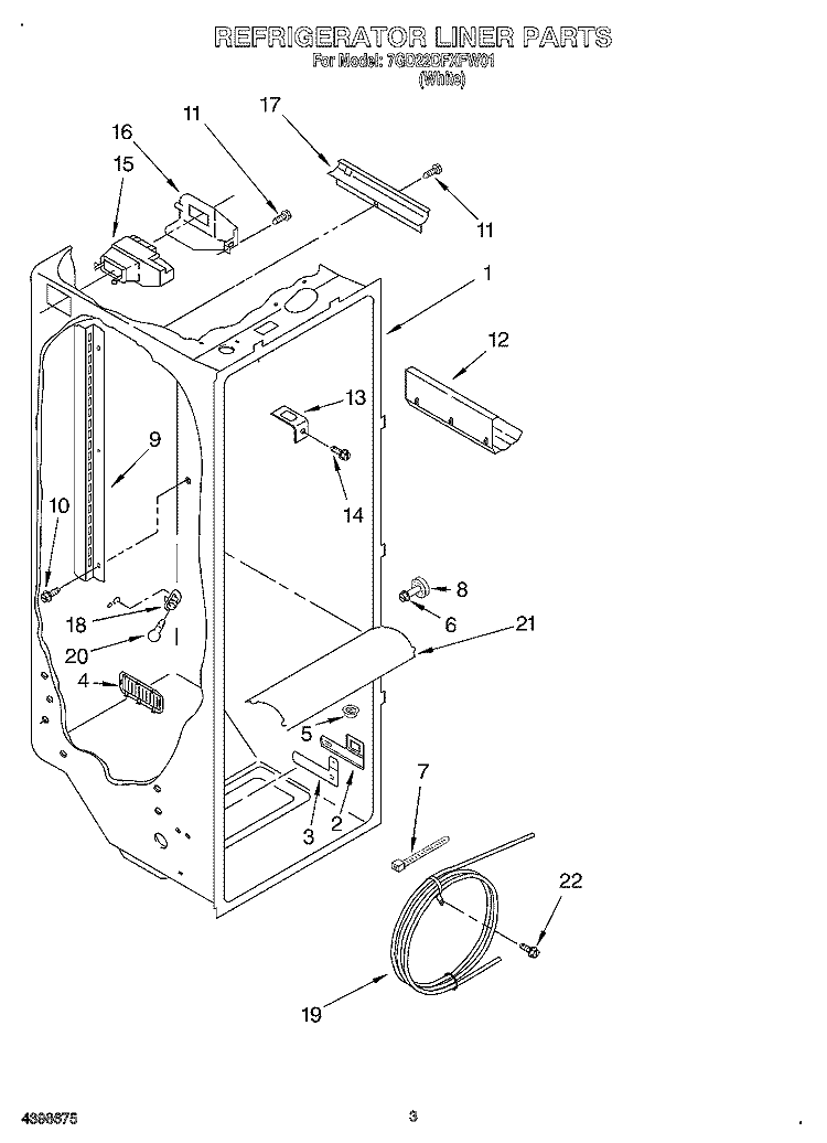 REFRIGERATOR LINER Diagram and Parts List for 7GD22DFXFW01  Whirlpool Refrigerator