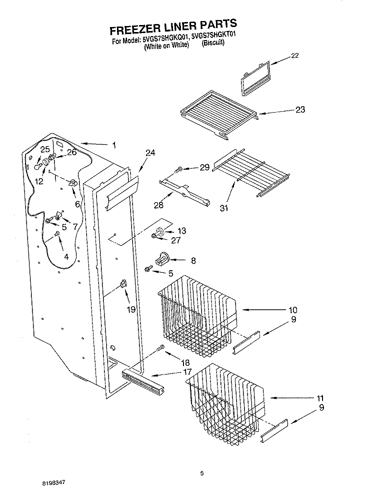 FREEZER LINER PARTS Diagram and Parts List for 5VGS7SHGKT01  Whirlpool Refrigerator