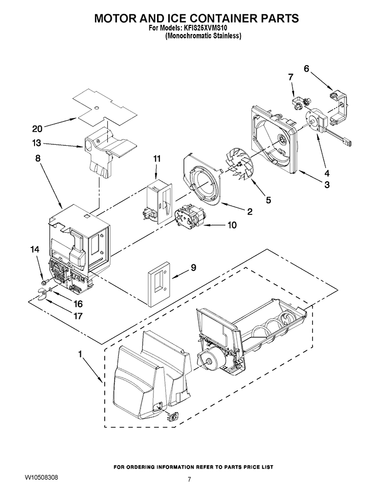 MOTOR AND ICE CONTAINER PARTS Diagram and Parts List for KFIS25XVMS10  KitchenAid Refrigerator
