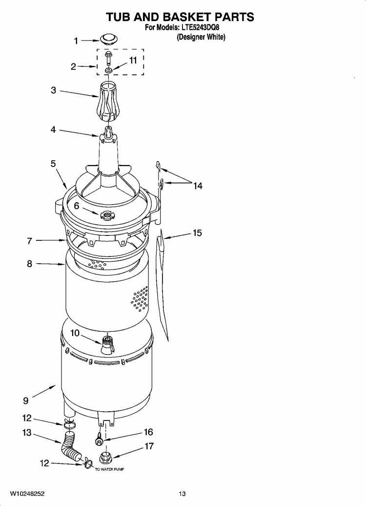 TUB AND BASKET PARTS Diagram and Parts List for LTE5243DQ8  Whirlpool Washer Dryer Combo