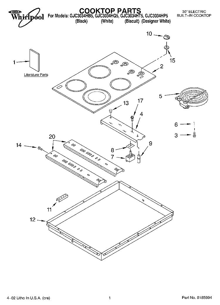 SECTION Diagram and Parts List for GJC3034HB5  Whirlpool Cooktop
