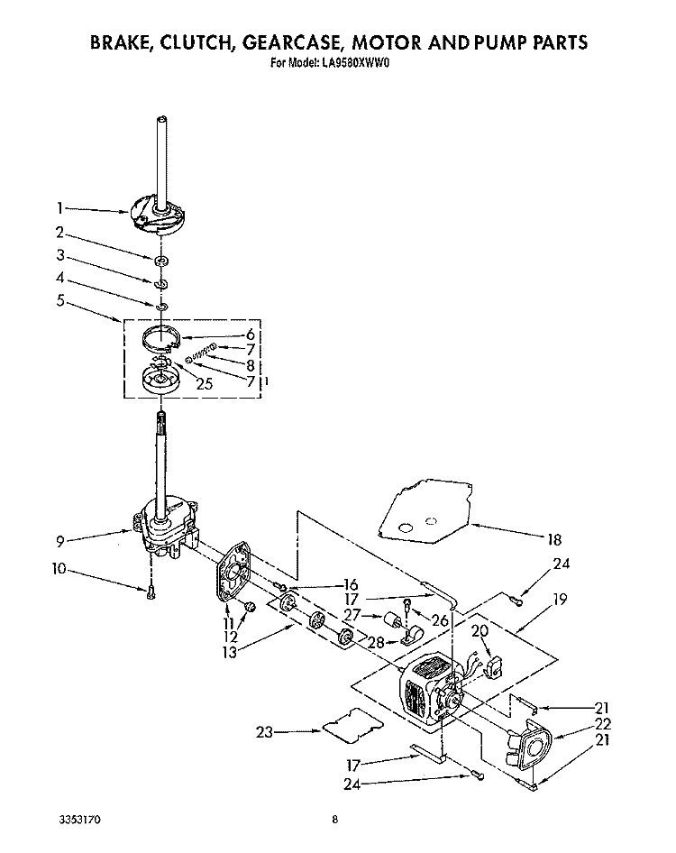 BRAKE, CLUTCH, GEARCASE, MOTOR AND PUMP Diagram and Parts List for LA9580XWF0  Whirlpool Washer