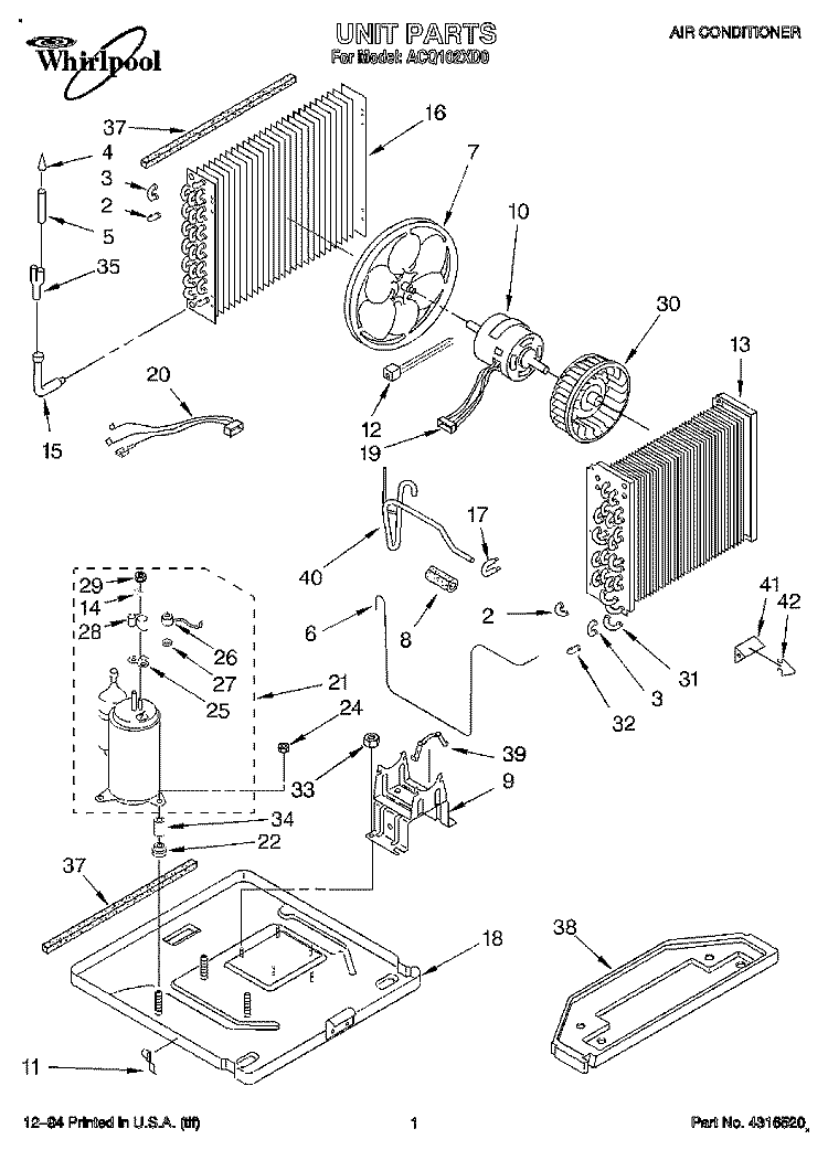 UNIT, LITERATURE Diagram and Parts List for ACQ102XD0  Whirlpool Air Conditioner