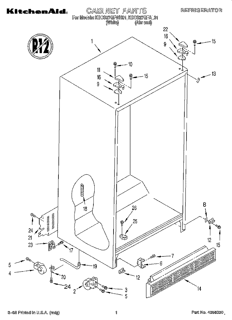 CABINET Diagram and Parts List for KSCS27QFWH01  KitchenAid Refrigerator
