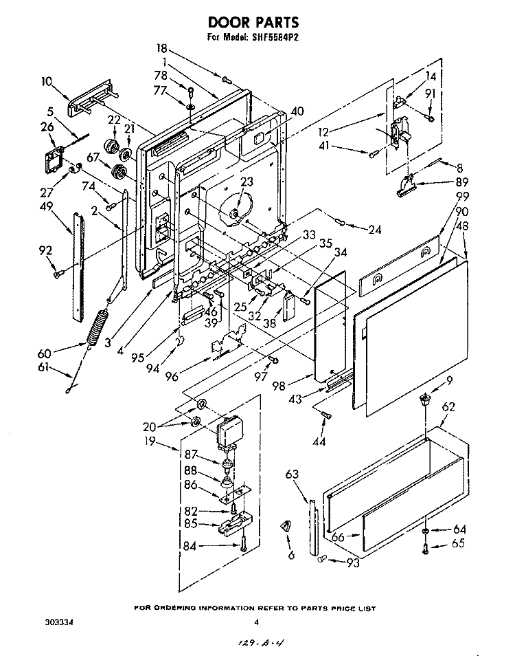 DOOR Diagram and Parts List for SHF5584P2  Whirlpool Dishwasher