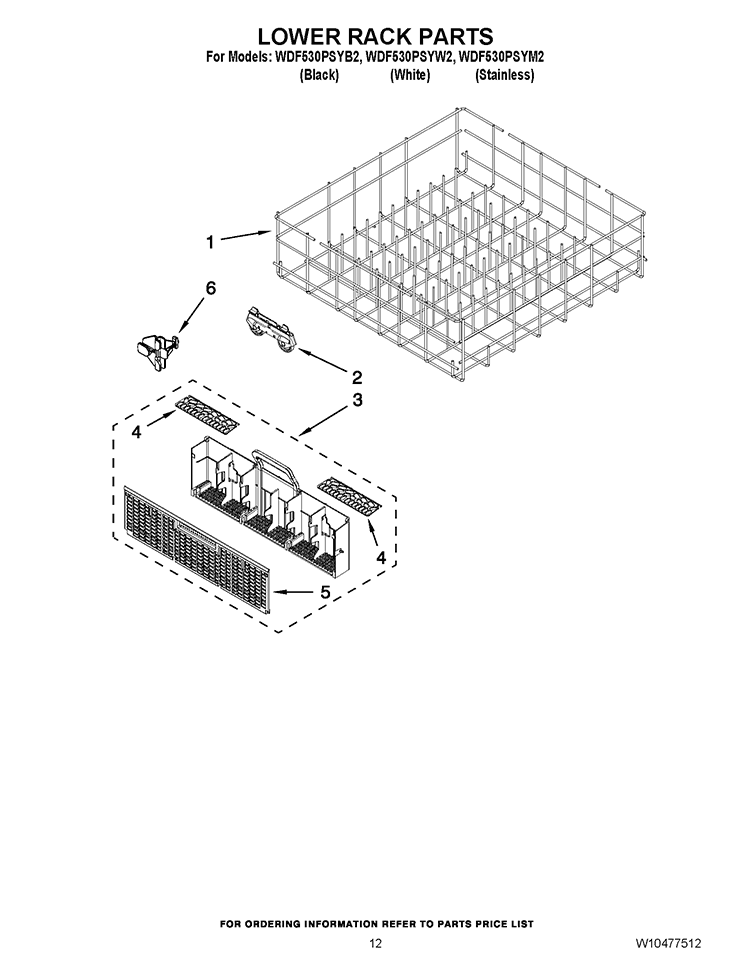 LOWER RACK PARTS Diagram and Parts List for WDF530PSYB2  Whirlpool Dishwasher