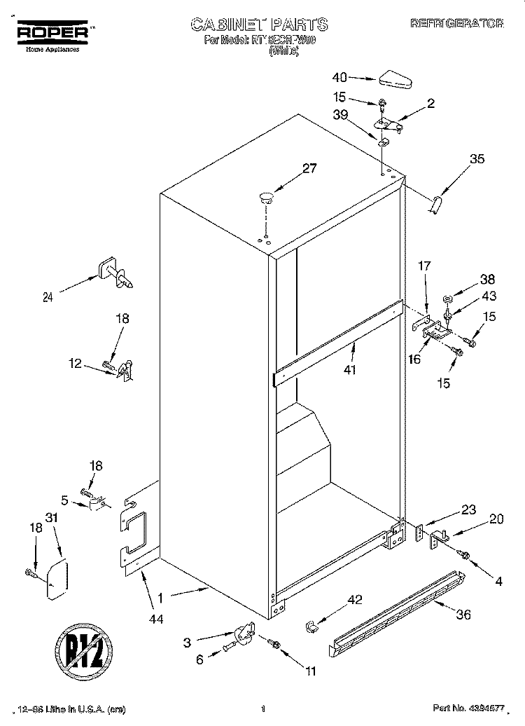 CABINET Diagram and Parts List for RT18ECRFW00  Roper Refrigerator