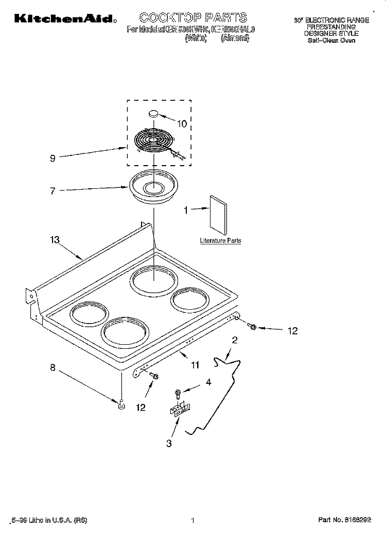 COOKTOP, LITERATURE Diagram and Parts List for KERI500HWH0  KitchenAid Range