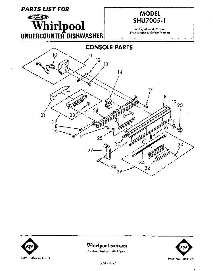 CONSOLE Diagram and Parts List for SHU70051  Whirlpool Dishwasher