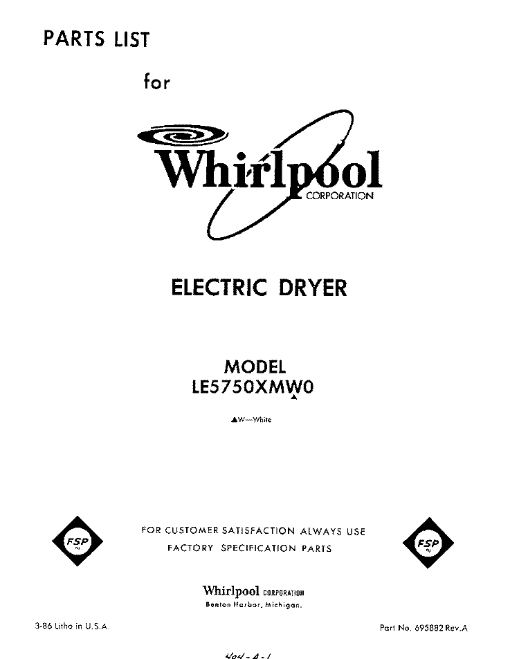 SECTION Diagram and Parts List for LE5750XMW0  Whirlpool Dryer