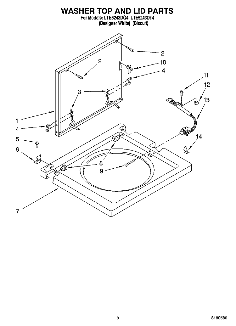 WASHER TOP AND LID PARTS Diagram and Parts List for LTE5243DQ4  Whirlpool Washer Dryer Combo