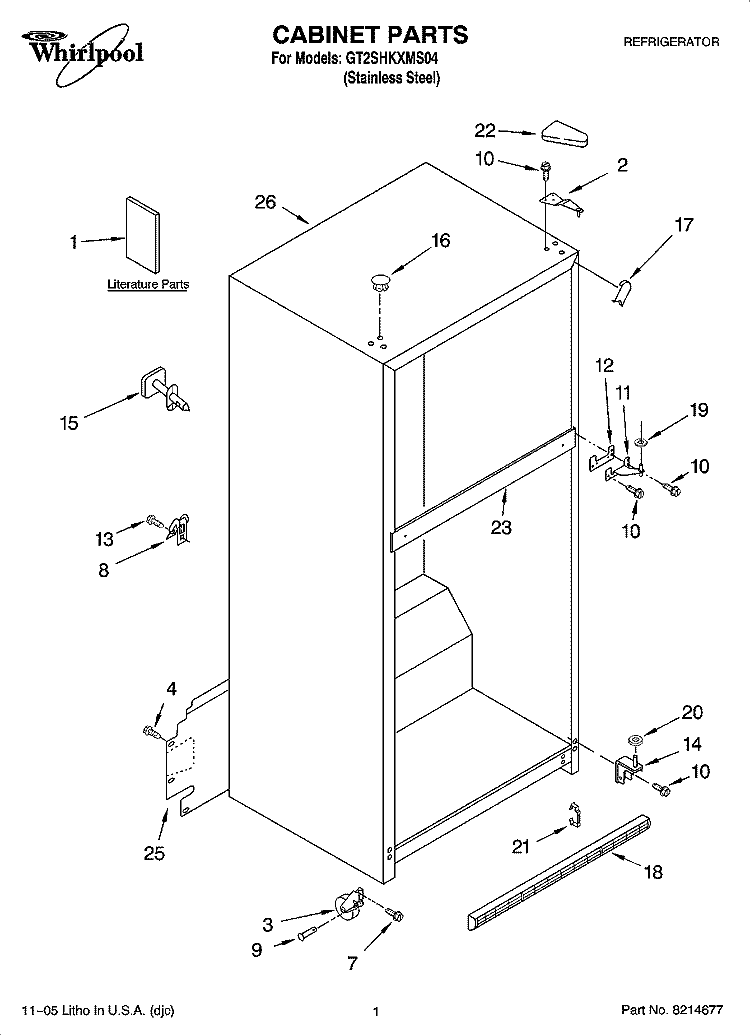CABINET PARTS Diagram and Parts List for GT2SHKXMS04  Whirlpool Refrigerator