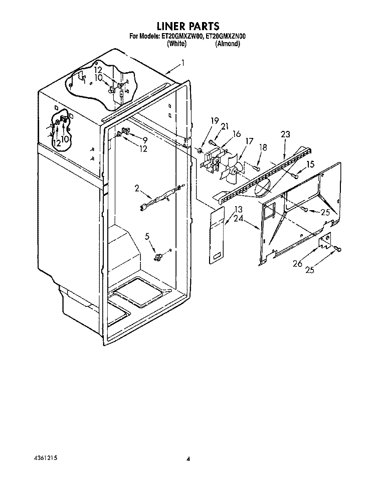 LINER Diagram and Parts List for ET20GMXZN00  Whirlpool Refrigerator