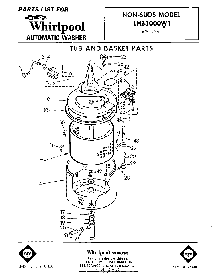 TUB AND BASKET Diagram and Parts List for LHB3000W1  Whirlpool Washer